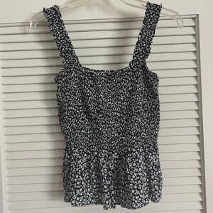 Eloide smocked sleeveless top with black and white floral ditsy print